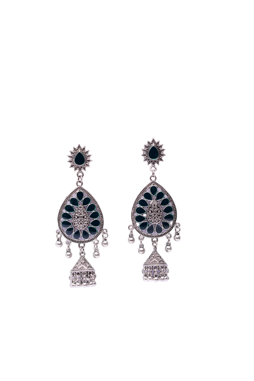 Namokriti Stunning Silver -Plated Jhumka Earrings: Green Floral Enamel with a Unique Sun-Shaped Stud